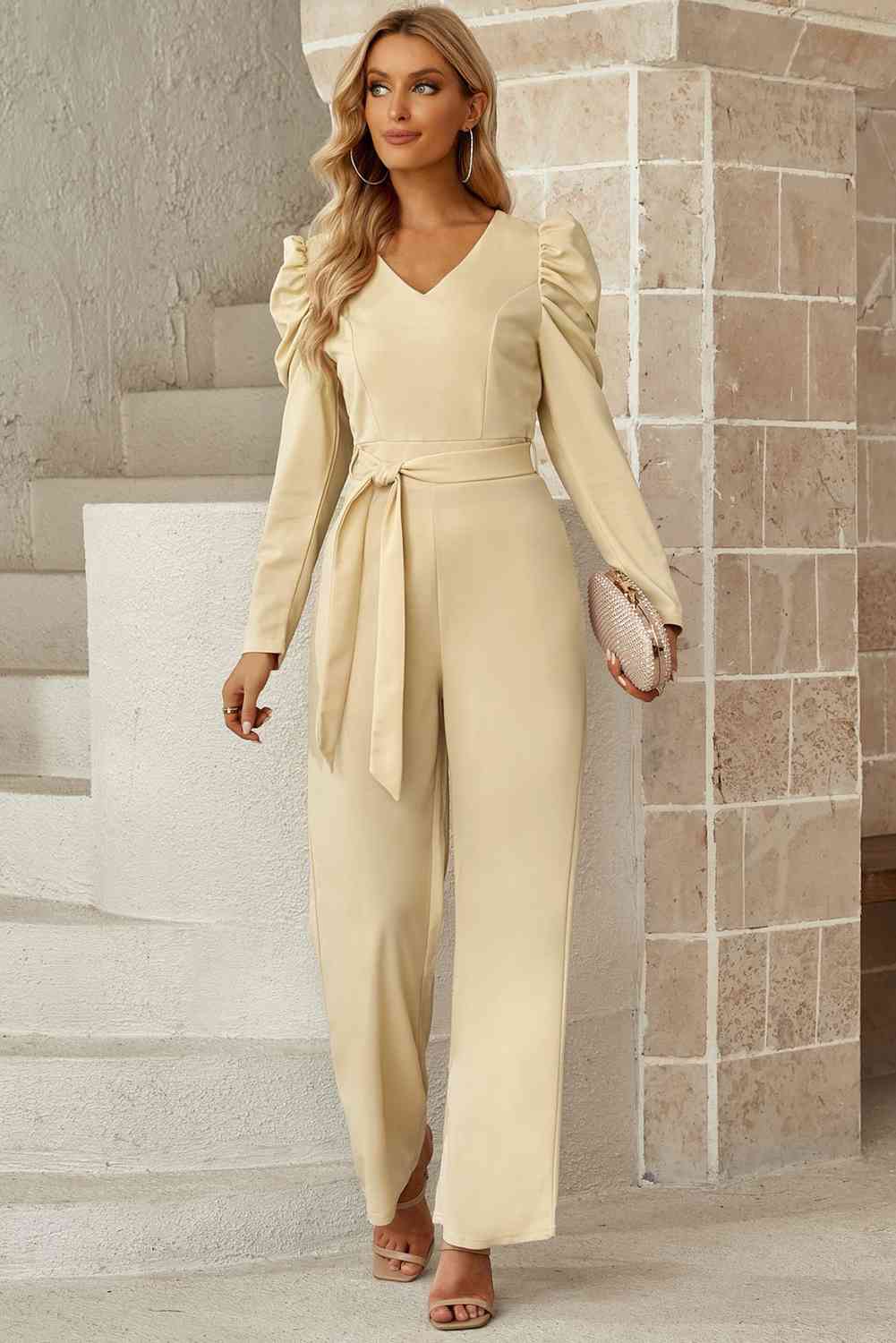 Stilla | Lang Puff Ærme V-hals Jumpsuit