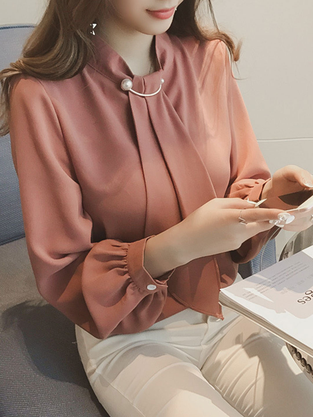 Stilla | Bluse Langærmet Fransk Stil Chiffon Bluse