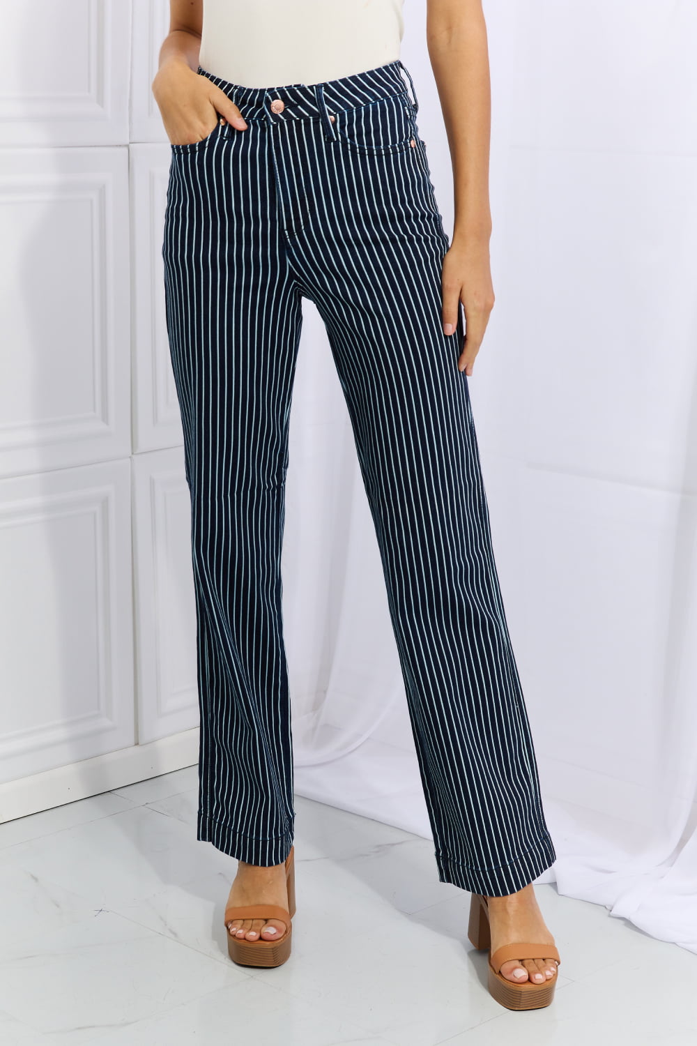 Stilla | Blue Cassidy Full Size Høj Talje Tummy Control Stribede Lige Jeans
