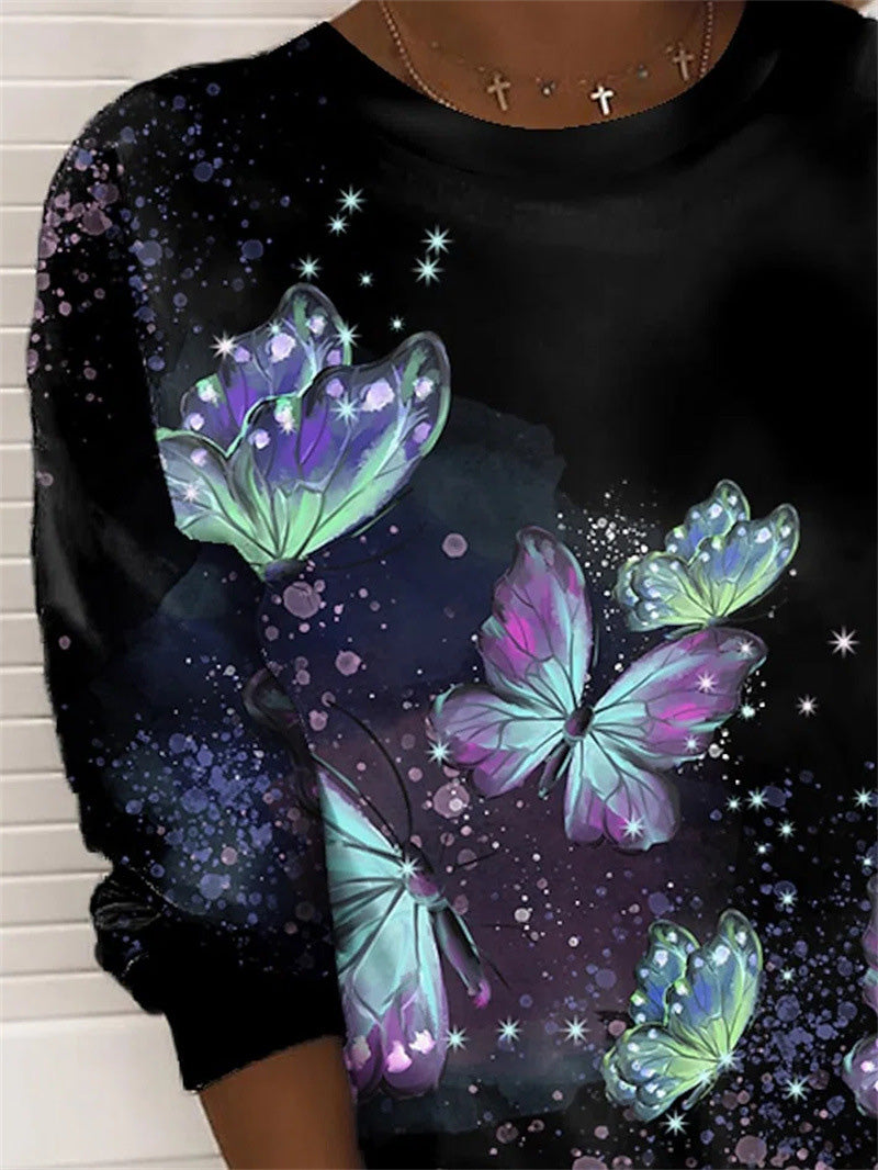 Stilla | Kvinders T-shirts Sommerfugl Print Rund Hals Lange Ærmer T-shirt