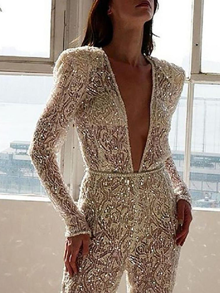 Stilla | Kvinder Jumpsuits Shiny V-hals Langærmet Jumpsuit