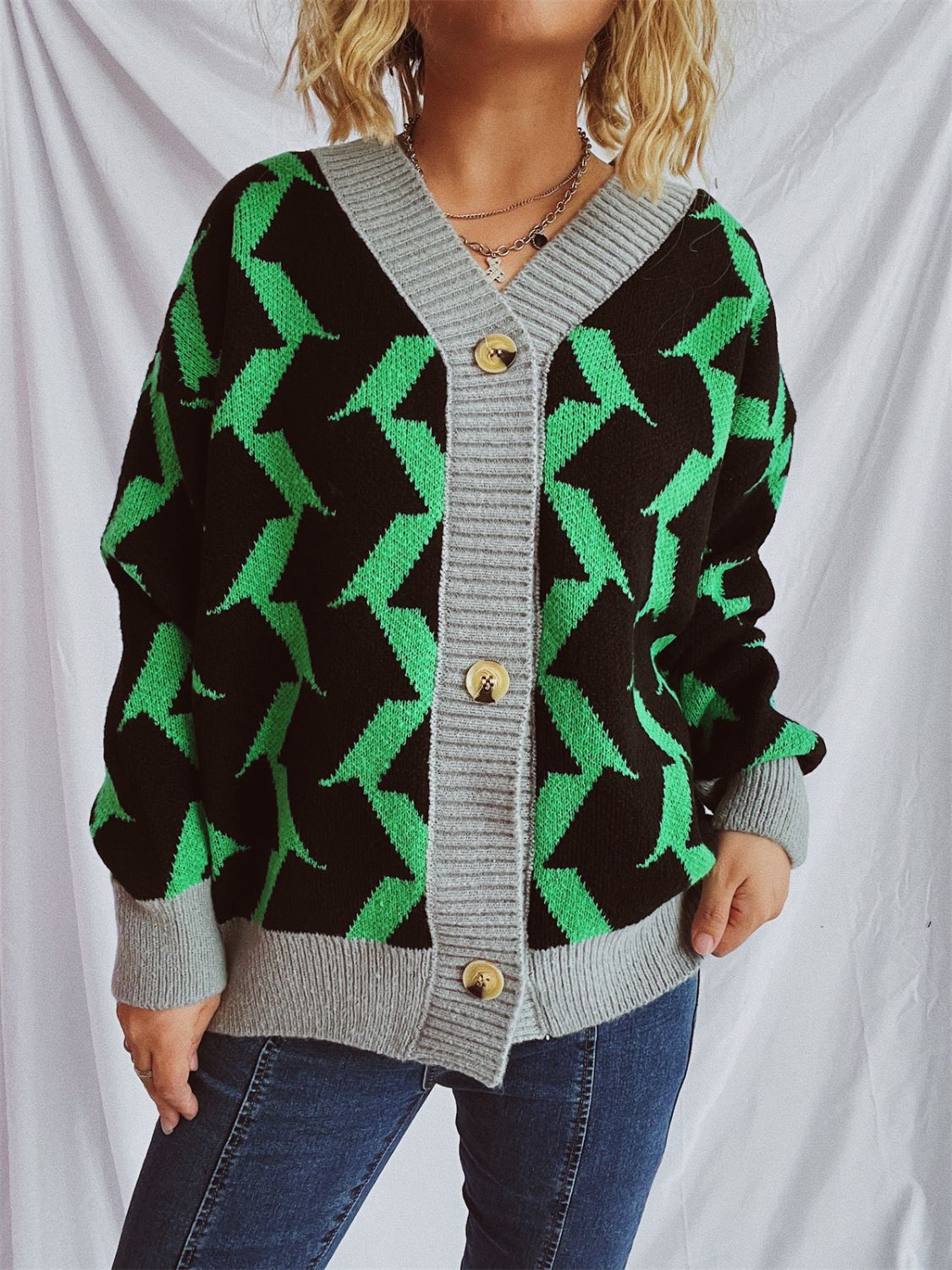 Stilla | Trim Geometrisk V-hals Langærmet Cardigan