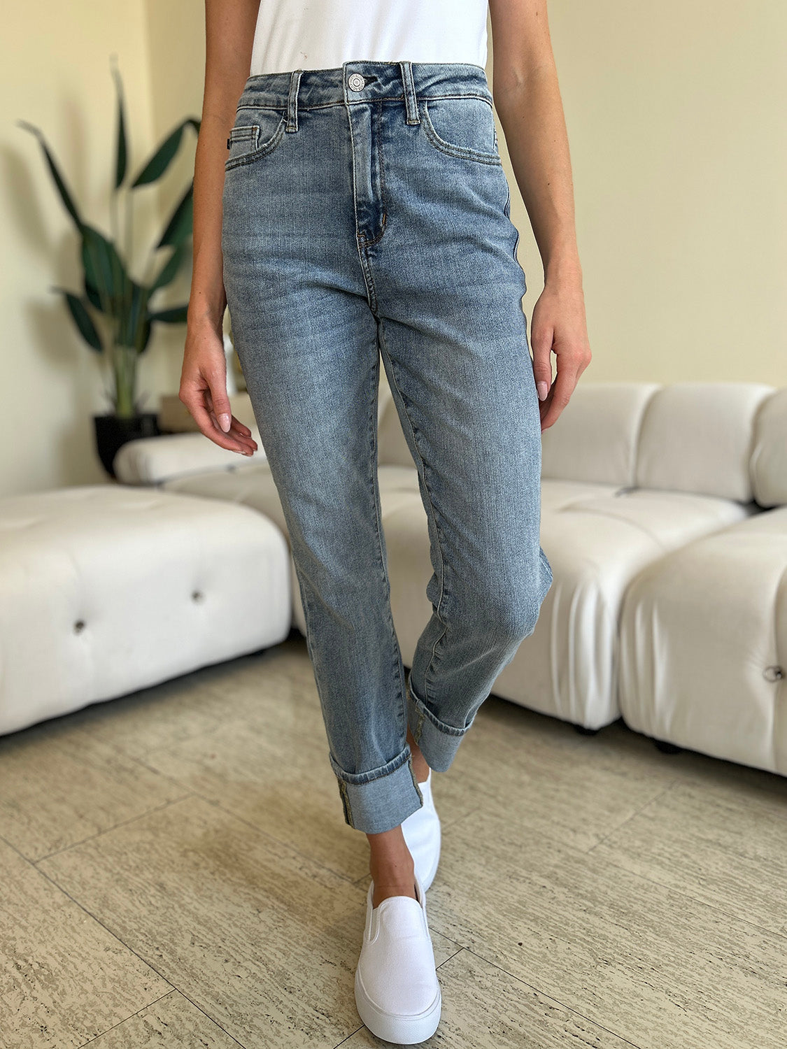 Stilla | Blå Størrelse Høj Talje Cuff Hem Skinny Jeans