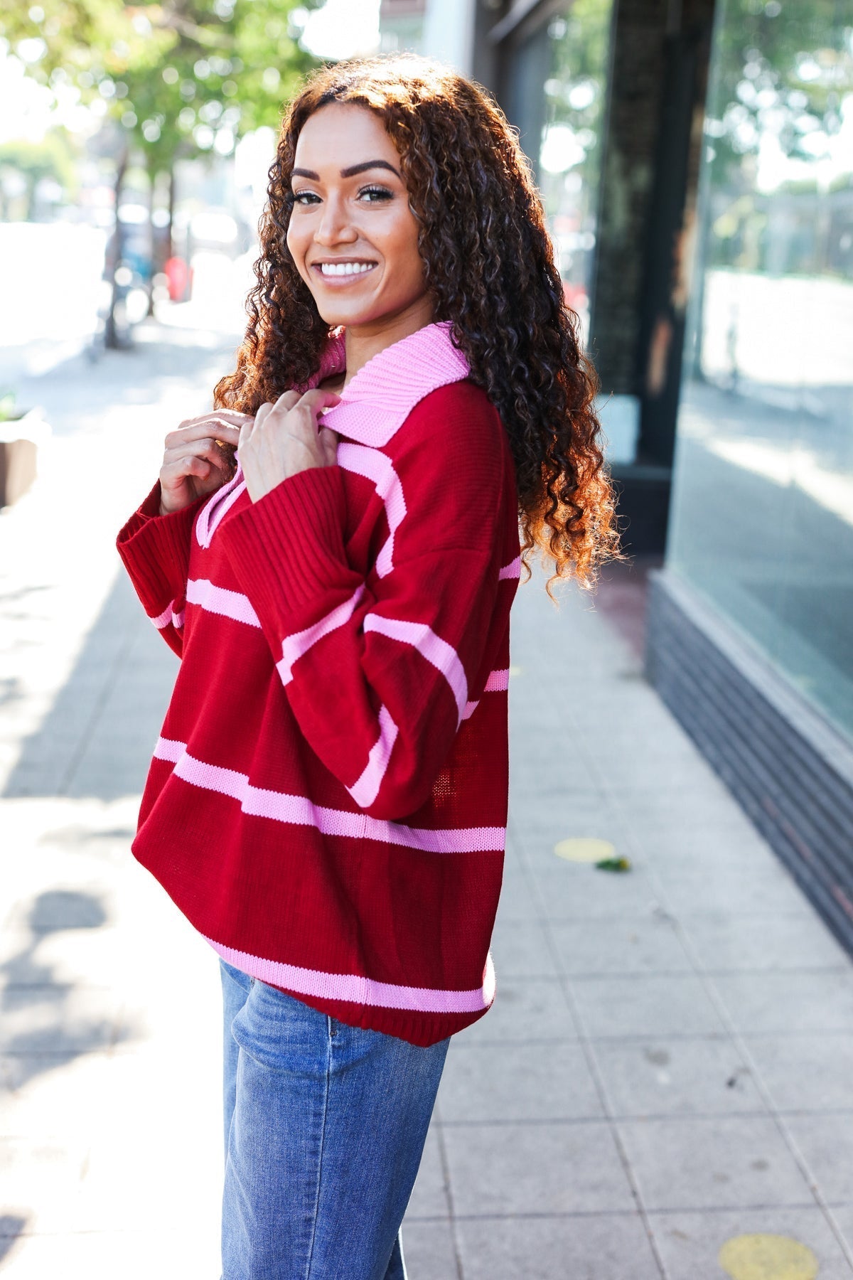 Stilla | Overdimensioneret Pullover Med Udstoppet Krave og Lilla Striber