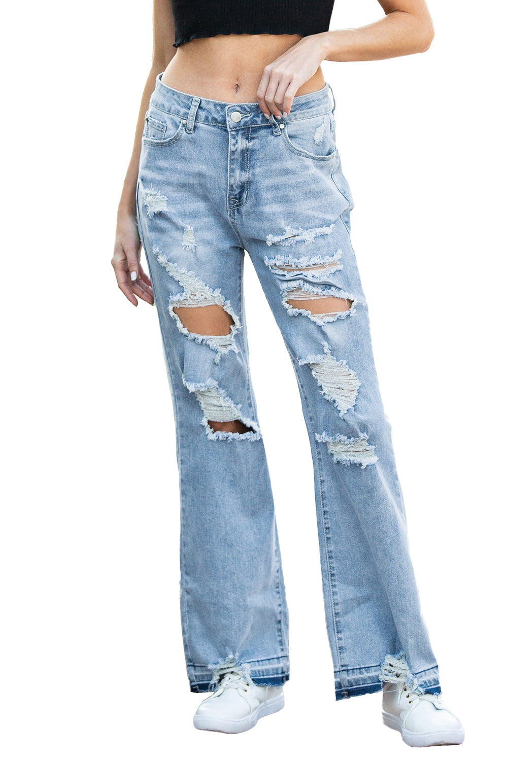 Stilla | Blå Vintage Slidte Rivne Bred Ben Jeans