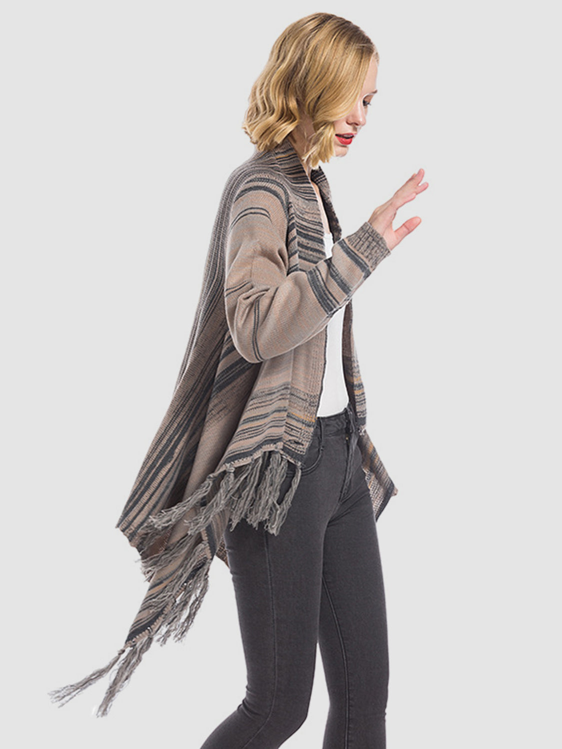 Stilla | Vinger Fringe Stribet Åben Front Langærmet Cardigan
