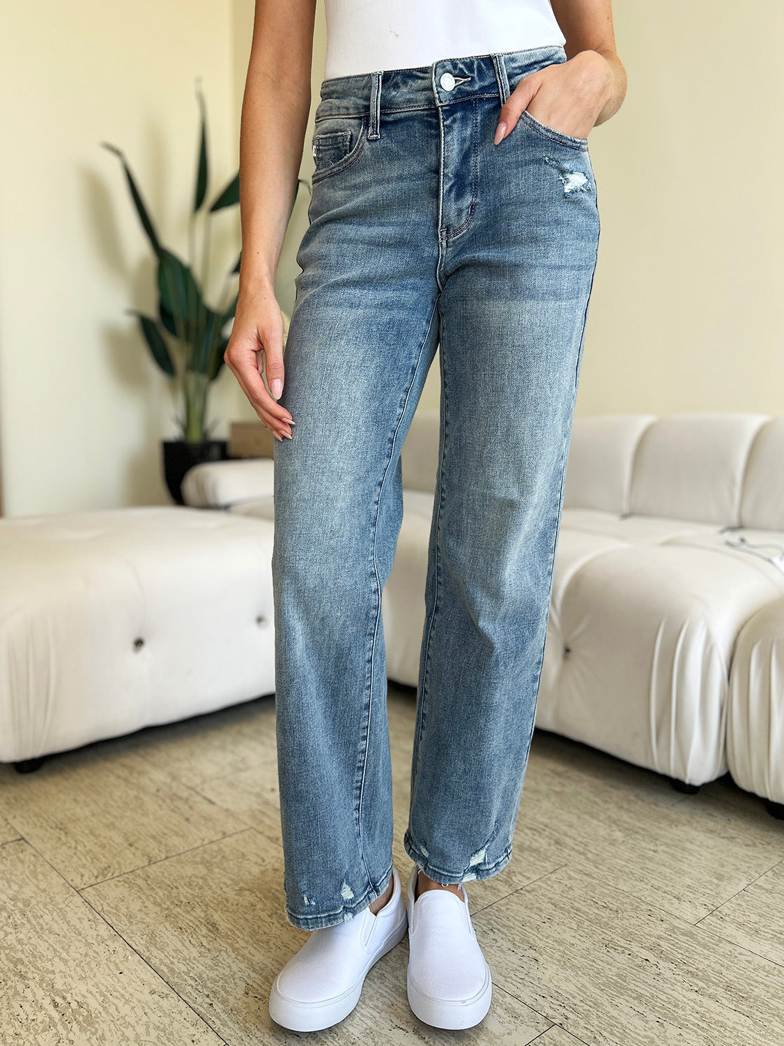 Stilla | Blå Fuld Størrelse Høj Talje Distressed Lige Jeans