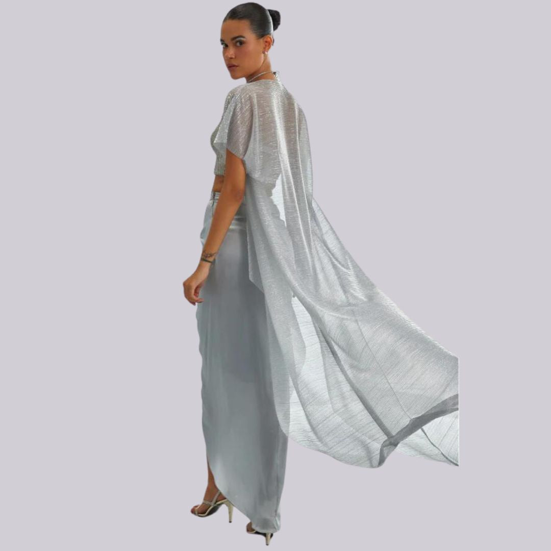 Stilla | Glitrende croptop med satin maxinederdelesæt