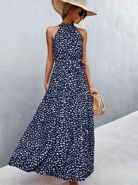 Stilla | Strappy Halterneck Jumpsuit Kjole Med Flæser Og Prikker Print, Bestseller