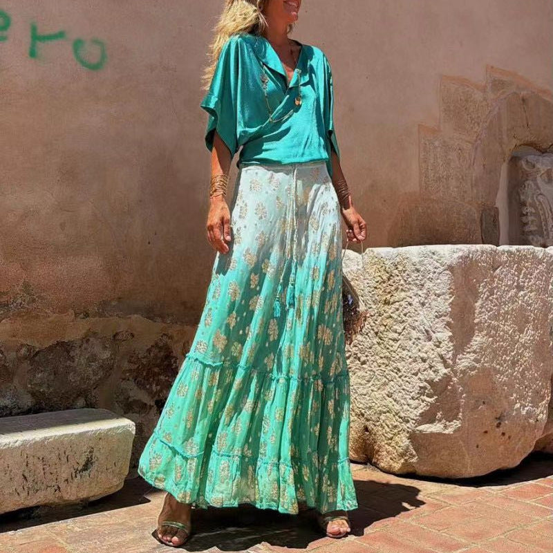 Stilla | Tie Dye-Nederdel med Blomsterprint og Farvegradient