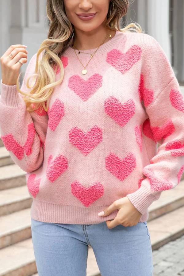 Stilla | Pullover Saint Valentin I Jacquard Strikket Materiale Med Lys Rosa Hjerter