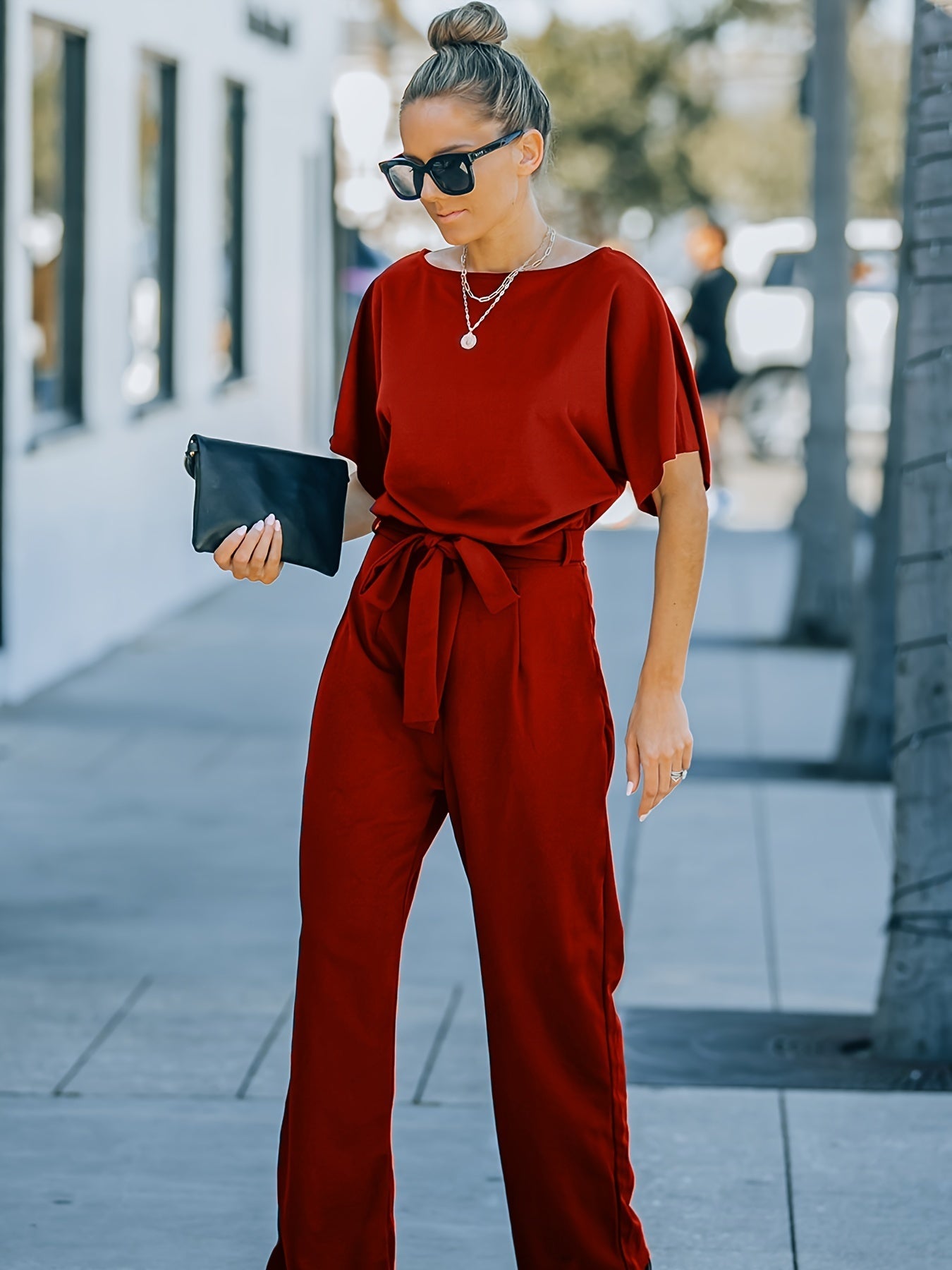 Stilla | Høj Talje Bred Ben Kortærmet Bælte Jumpsuit