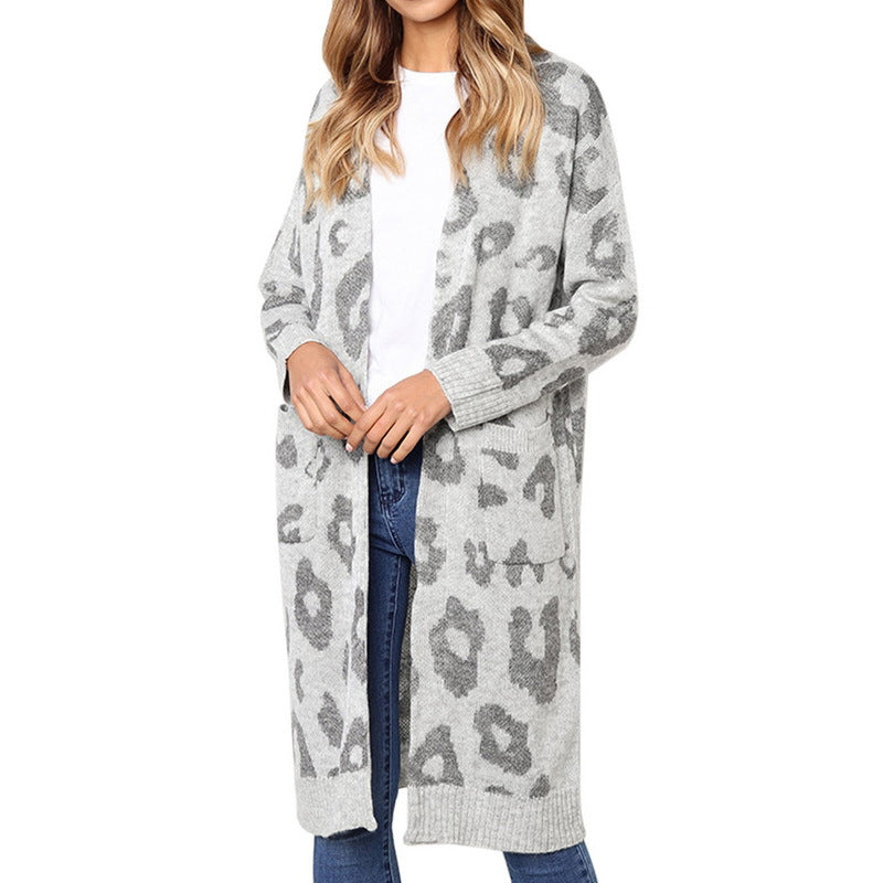 Dame Elegant Strikcardigan med Leopardmønster Stilla