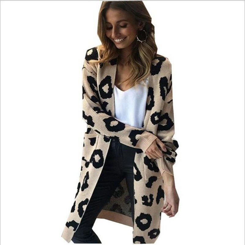 Dame Elegant Strikcardigan med Leopardmønster Stilla
