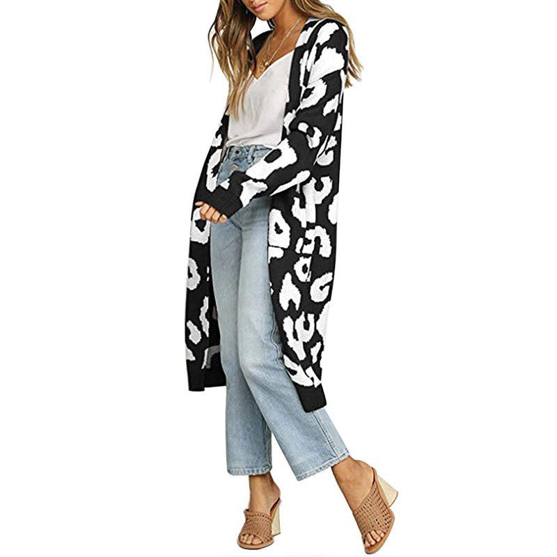 Dame Elegant Strikcardigan med Leopardmønster Stilla