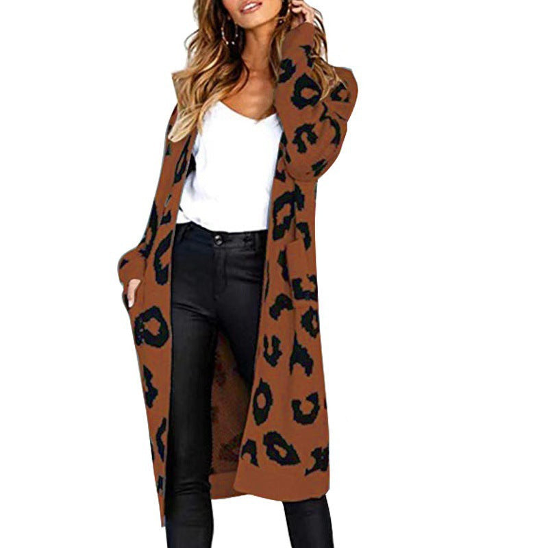 Dame Elegant Strikcardigan med Leopardmønster Stilla