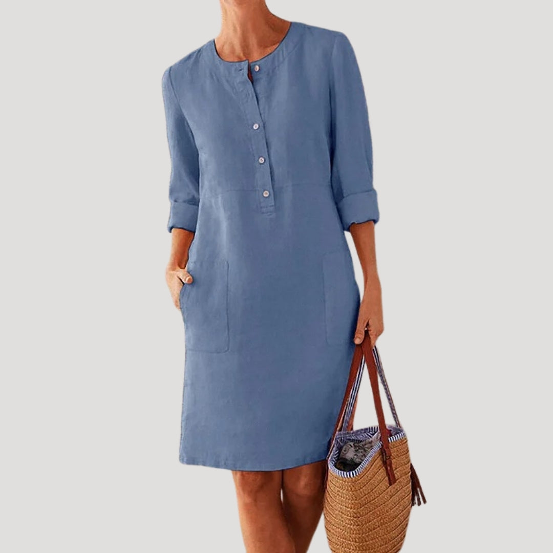Stilla | Kvinders Linned Knap up Afslappet Sommer Shift Kjole Midi