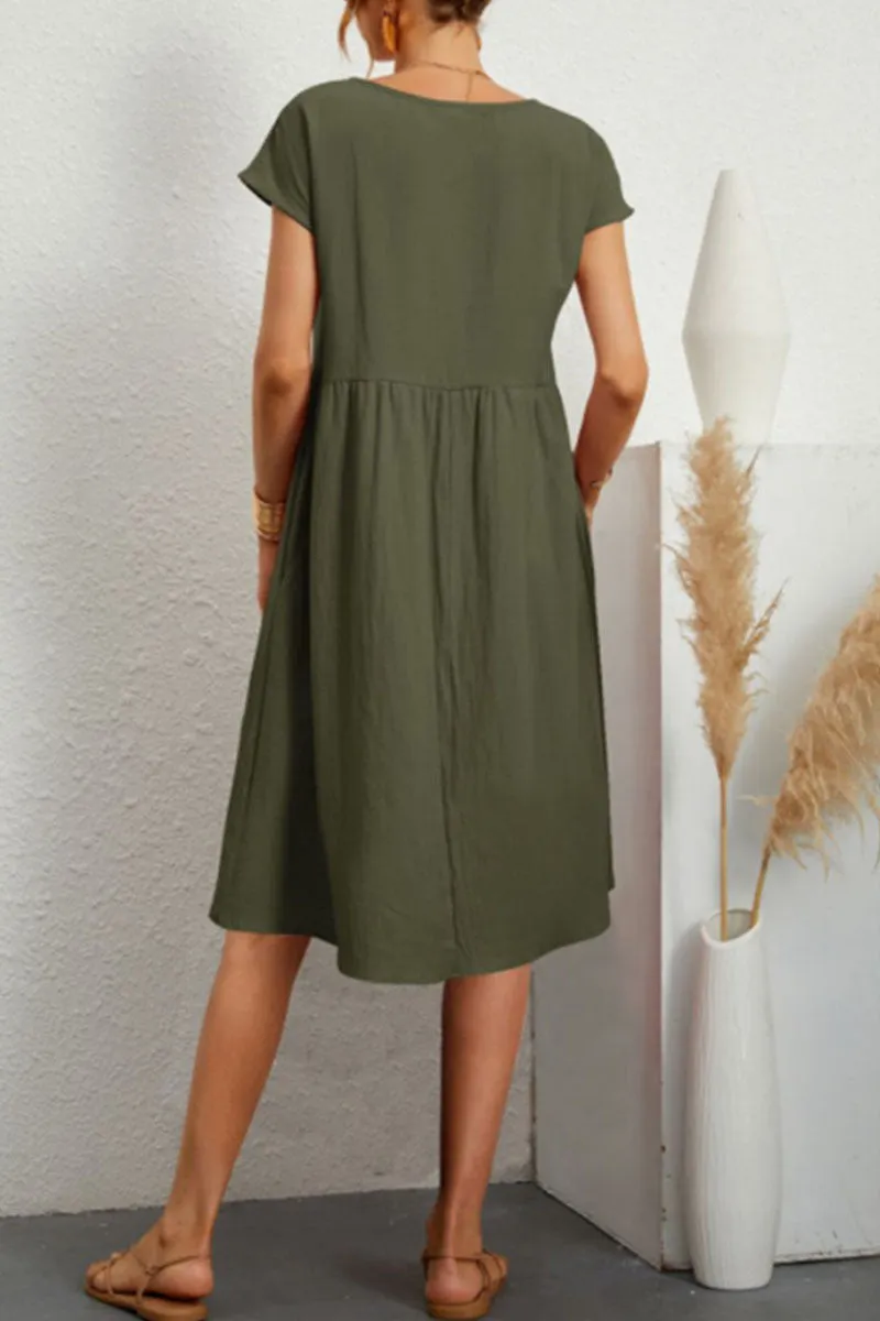 Stilla | Knælange patchwork-dress med rund hals - bomuld og hør