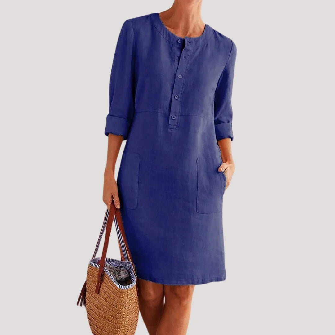 Stilla | Kvinders Linned Knap up Afslappet Sommer Shift Kjole Midi