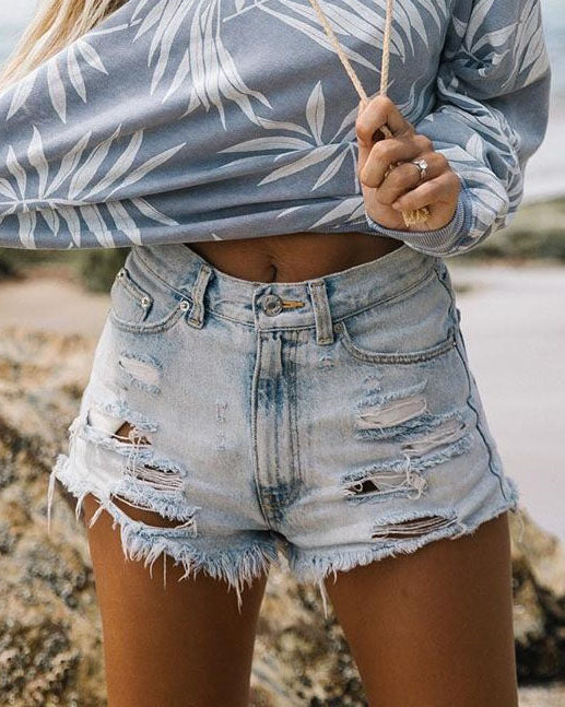 Dame Revnet Denim-Shorts med høj talje og afslappet kant Stilla