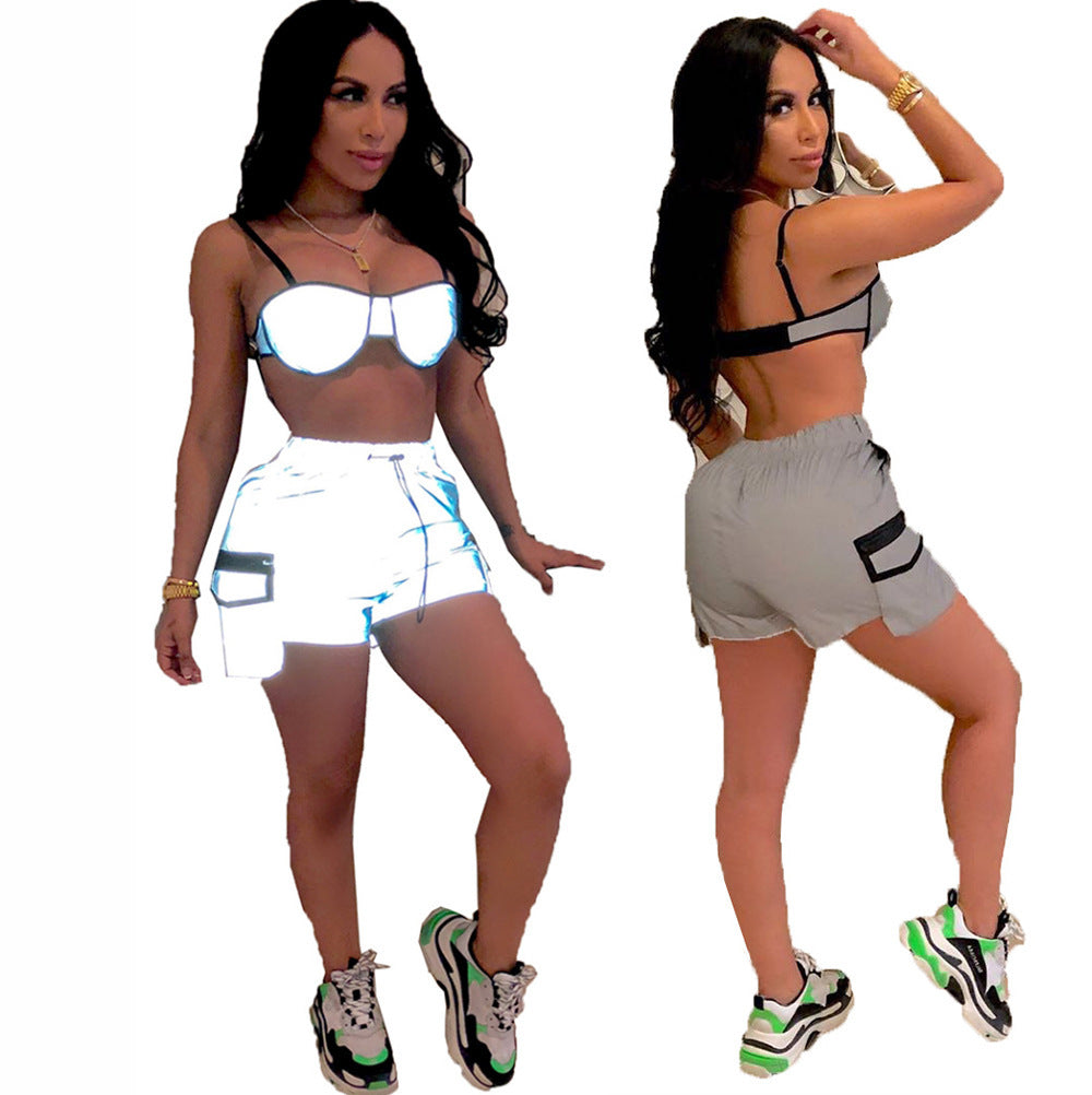 Dame Crop-Top og Cargo-Shorts-Sæt med justerbar talje Stilla