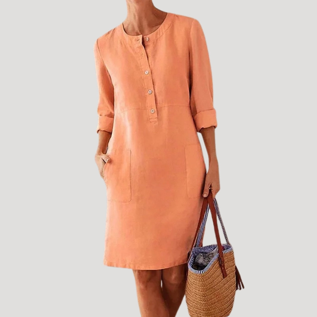 Stilla | Kvinders Linned Knap up Afslappet Sommer Shift Kjole Midi