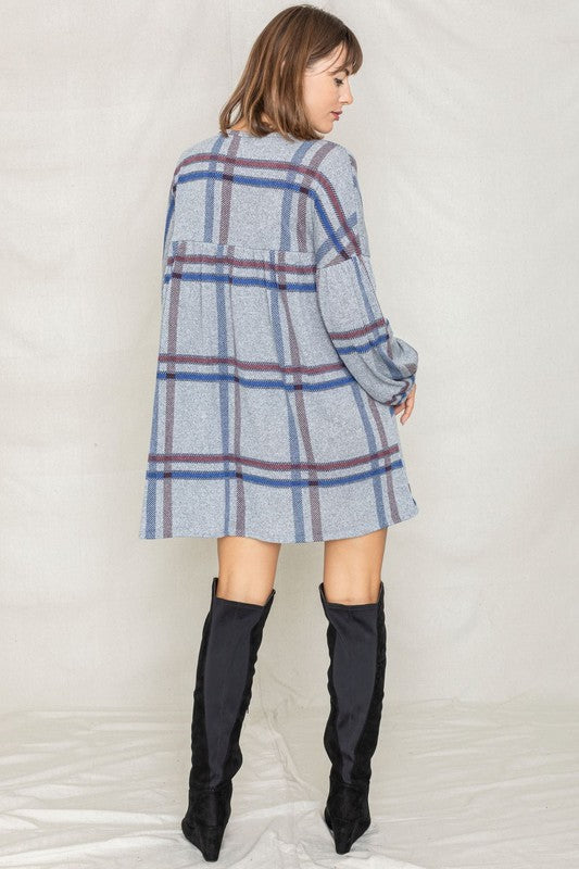 Stilla | Plaid Empire Talje Ballonærme Mini Kjole