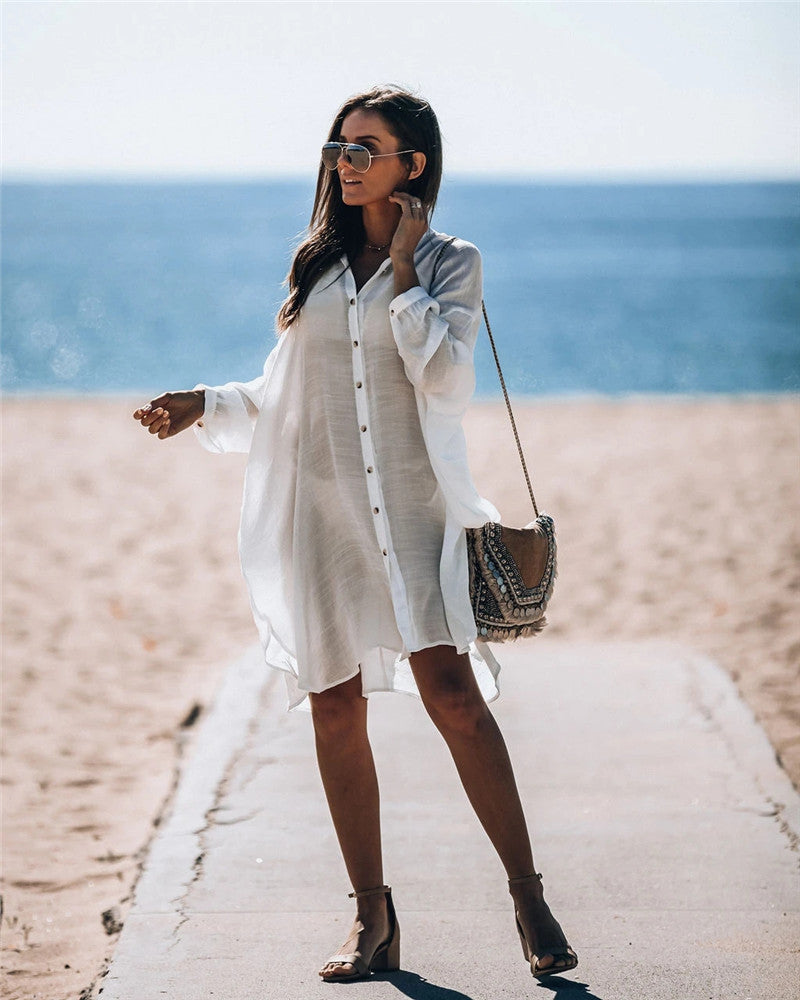 Dame afslappet strand skjorte kjole med knapdetalje og bred pasform Stilla