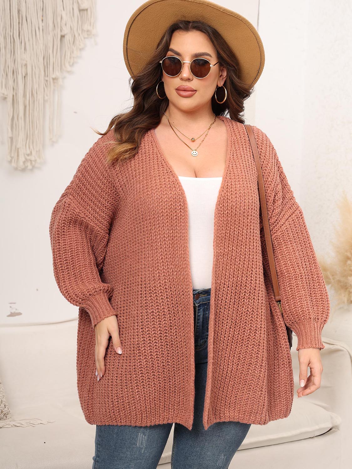 Stilla | Plus Size Åben Front Faldet Skuldre Strik Cardigan