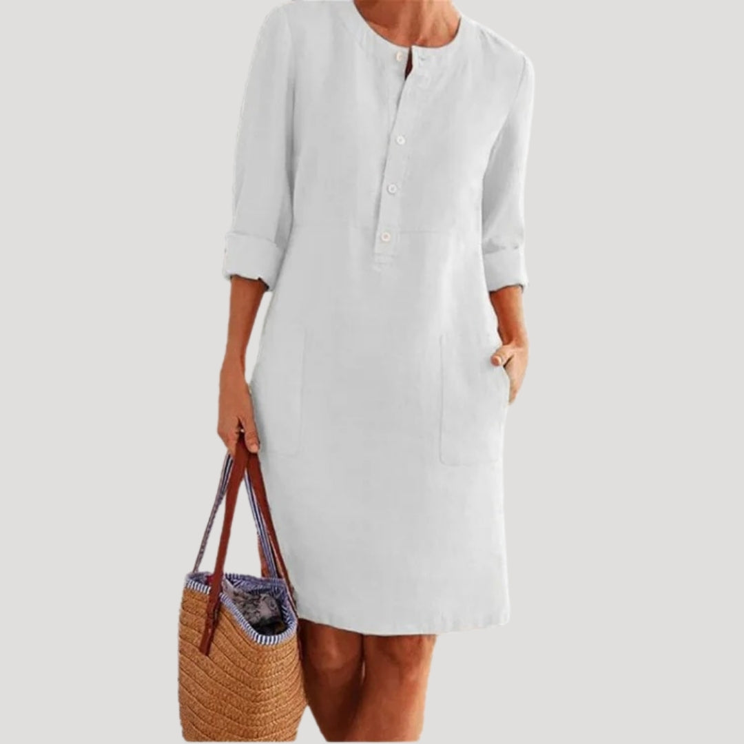 Stilla | Kvinders Linned Knap up Afslappet Sommer Shift Kjole Midi