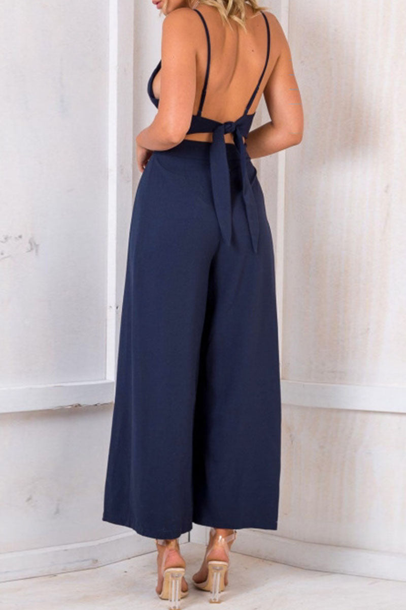 Stilla | Mode Fast Solid Backless V-hals Løse Jumpsuits