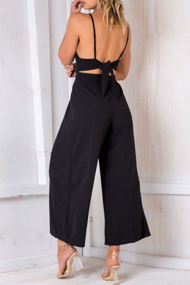 Stilla | Mode Fast Solid Backless V-hals Løse Jumpsuits