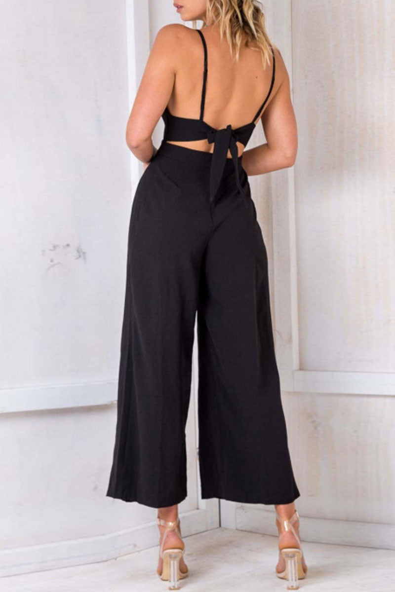 Stilla | Mode Fast Solid Backless V-hals Løse Jumpsuits