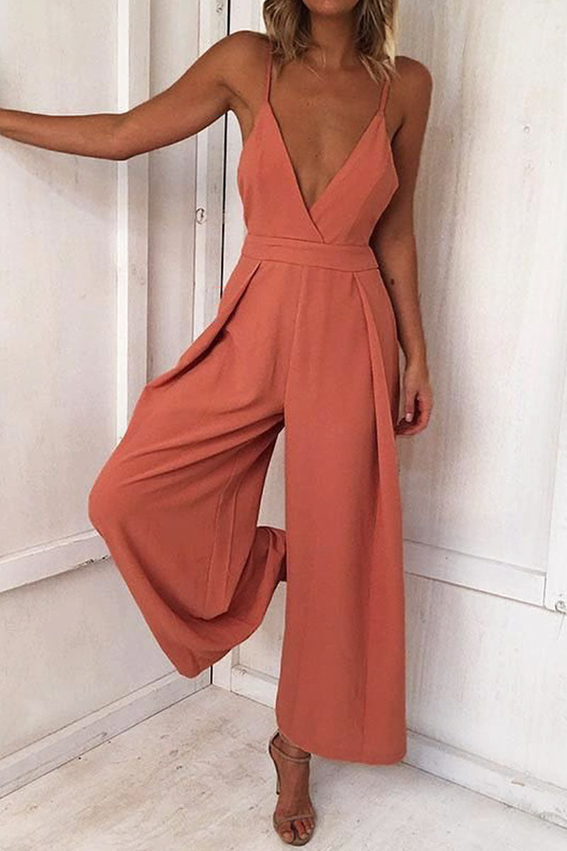 Stilla | Mode Fast Solid Backless V-hals Løse Jumpsuits