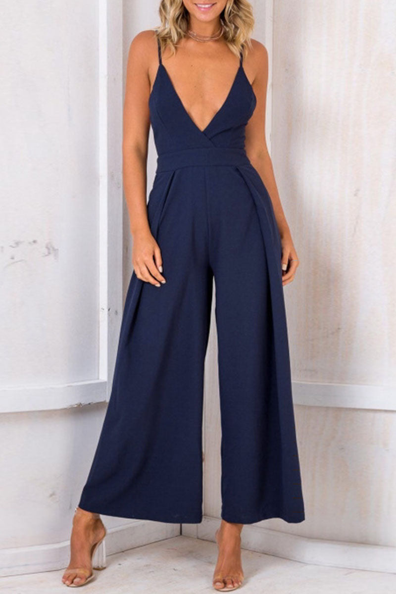 Stilla | Mode Fast Solid Backless V-hals Løse Jumpsuits