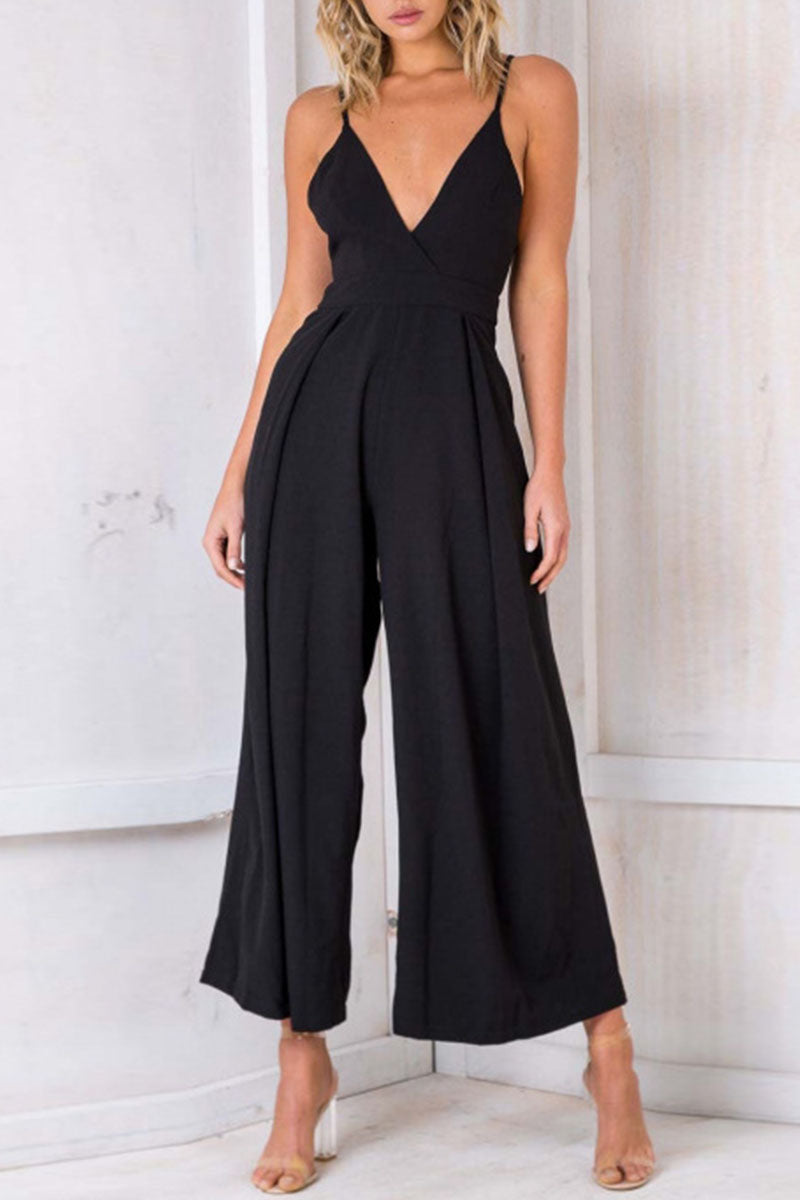 Stilla | Mode Fast Solid Backless V-hals Løse Jumpsuits