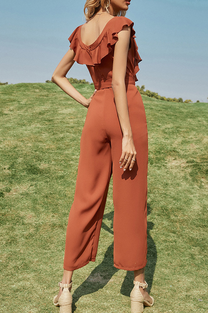 Stilla | Moderne Elegant Solid Split Joint Flounce Med Bælte O-hals Lige Jumpsuits