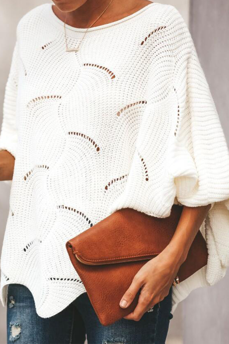 Stilla | Pullover Patchwork Med Rundhalsudskæring, Elegant Og Moden, Ensfarvet Med Hulmønster