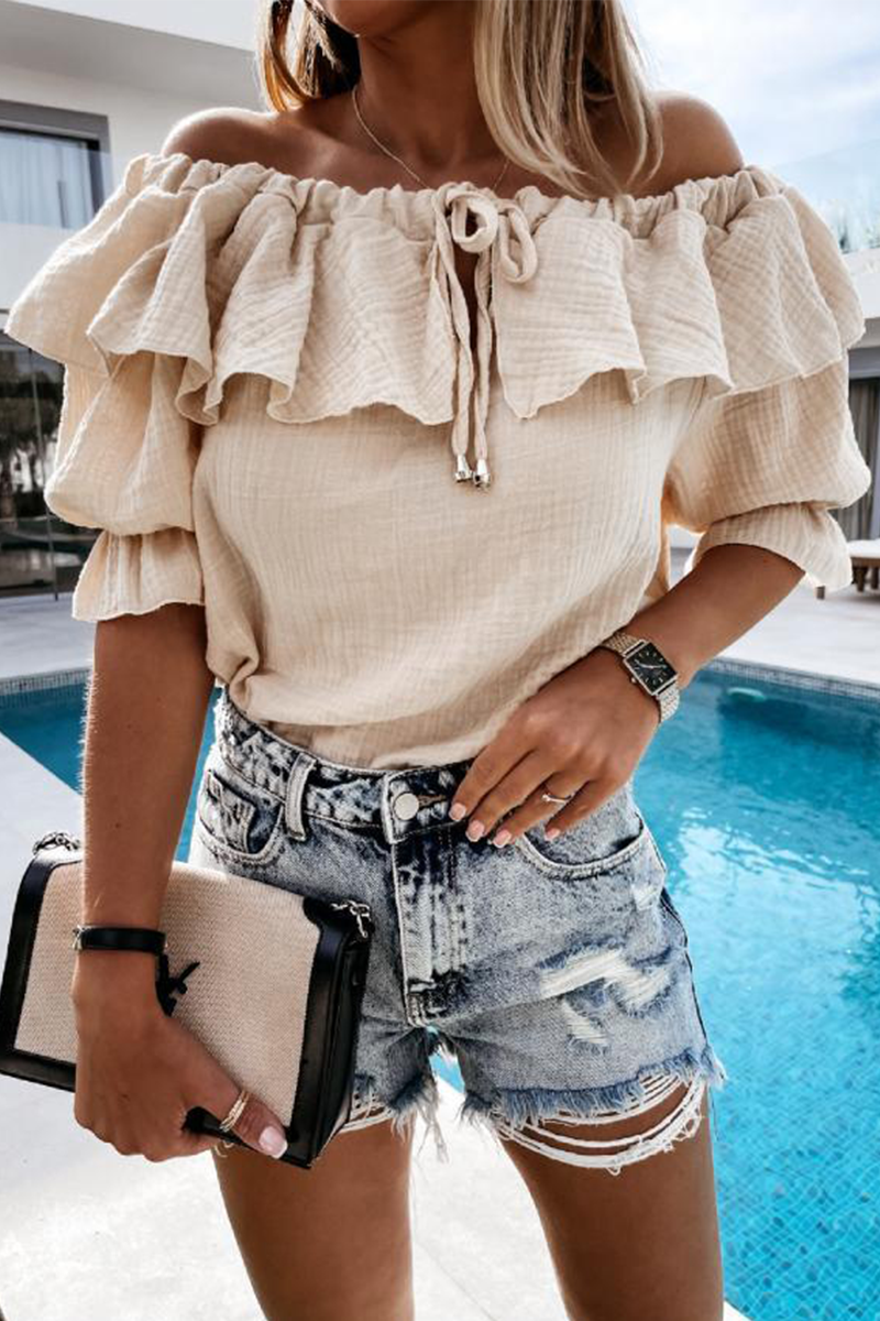 Stilla | Afslappet Street Solid Frenulum Flounce Off the Shoulder Bluser