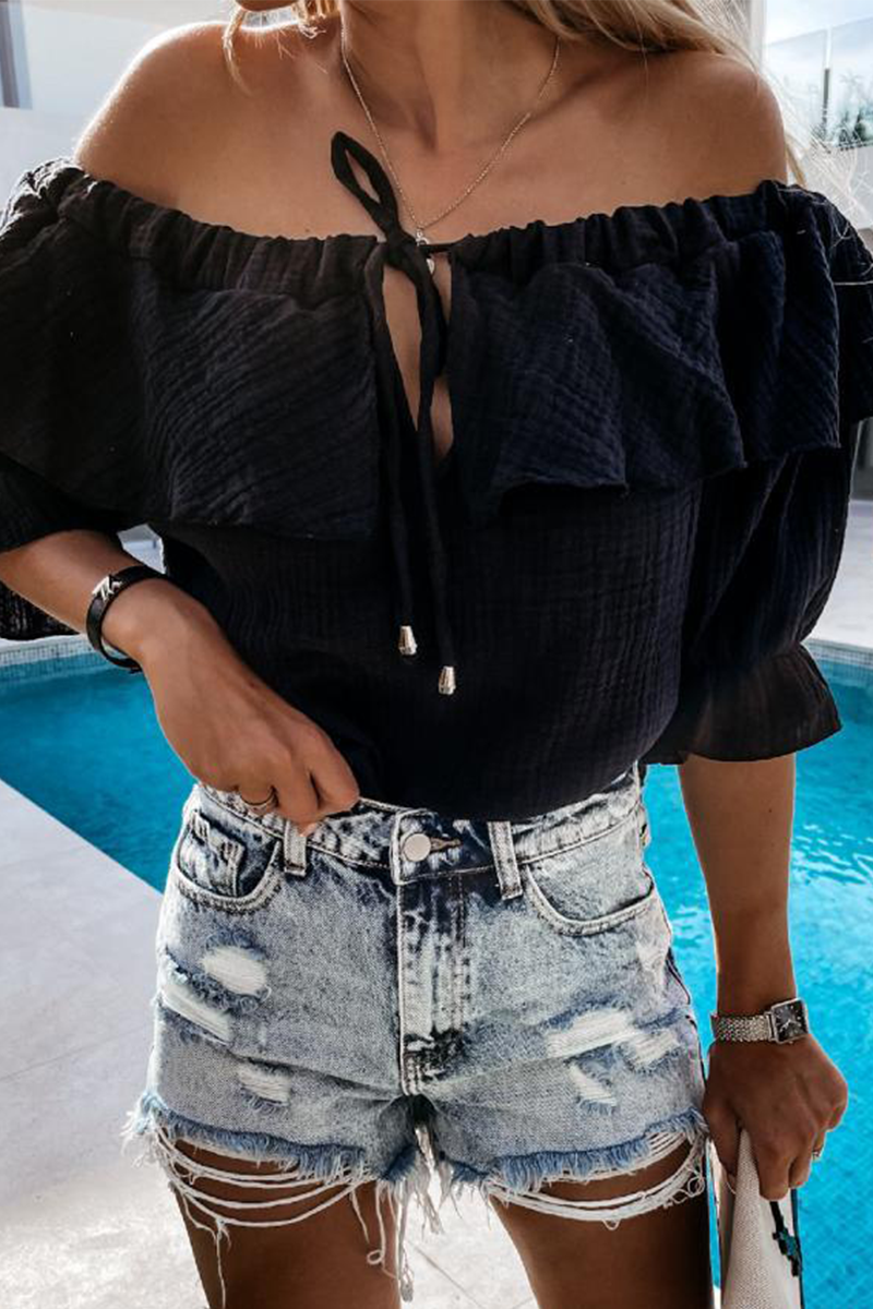 Stilla | Afslappet Street Solid Frenulum Flounce Off the Shoulder Bluser