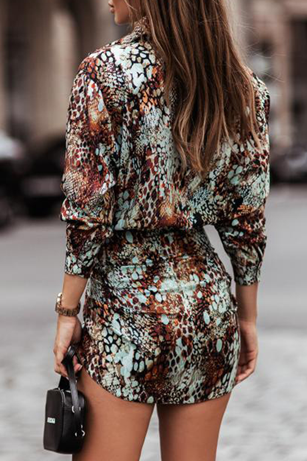 Stilla | Mode Elegant Print Spænde Rem Design Nedfoldet Krave Talje Kjoler