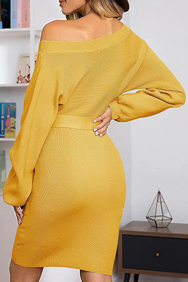 Stilla | Mode Patchwork Elegante og Solide Kjoler Med Bælte, Skrå Krave og Plisseret Nederdel