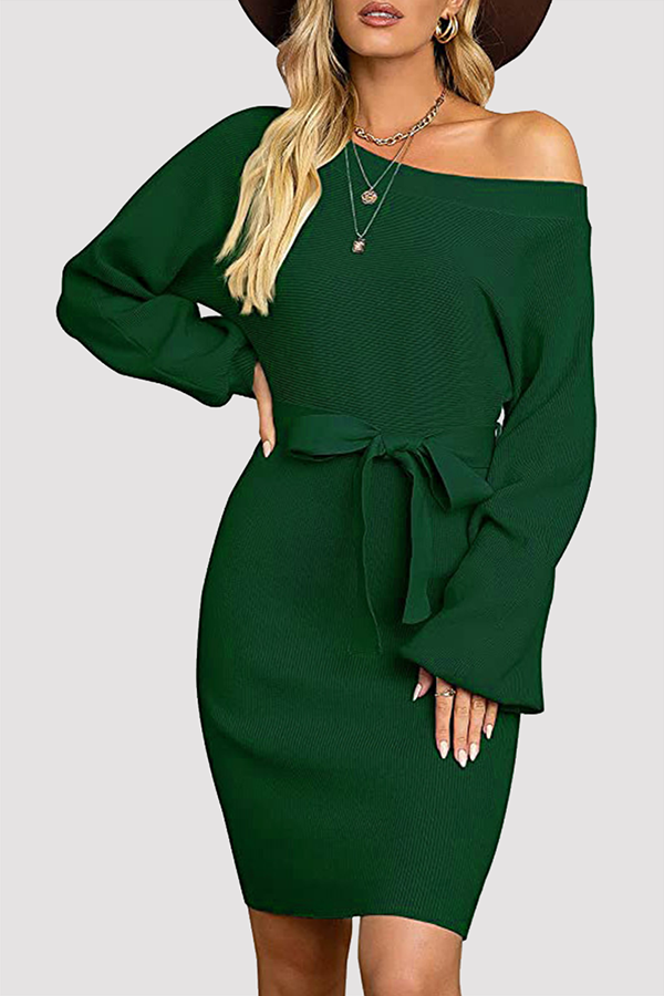 Stilla | Mode Patchwork Elegante og Solide Kjoler Med Bælte, Skrå Krave og Plisseret Nederdel