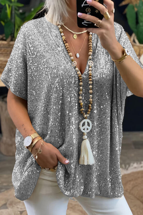 Stilla | Modetrendy, Casual, Ensfarvede V-hals T-shirts Med Glitter