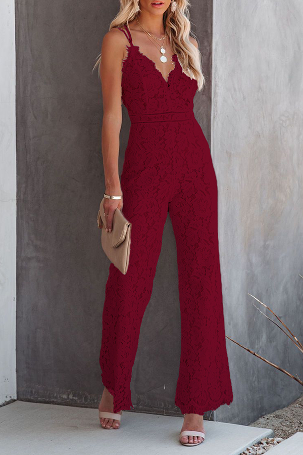 Stilla | Fashion Street Solid Split Joint Backless V-hals Lige Jumpsuits