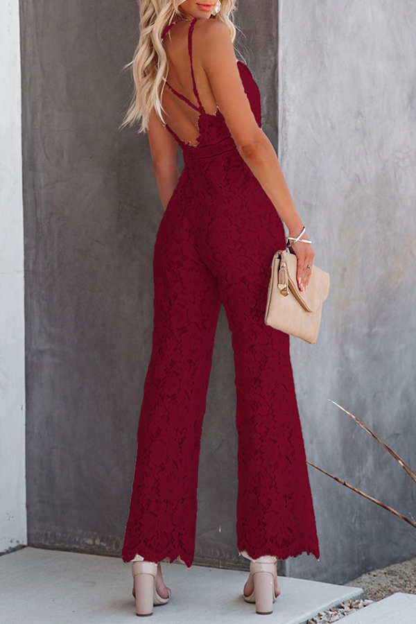 Stilla | Fashion Street Solid Split Joint Backless V-hals Lige Jumpsuits