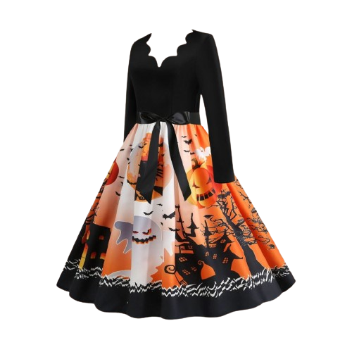 Stilla | Halloween kjole med hel nederdel og silhuet print