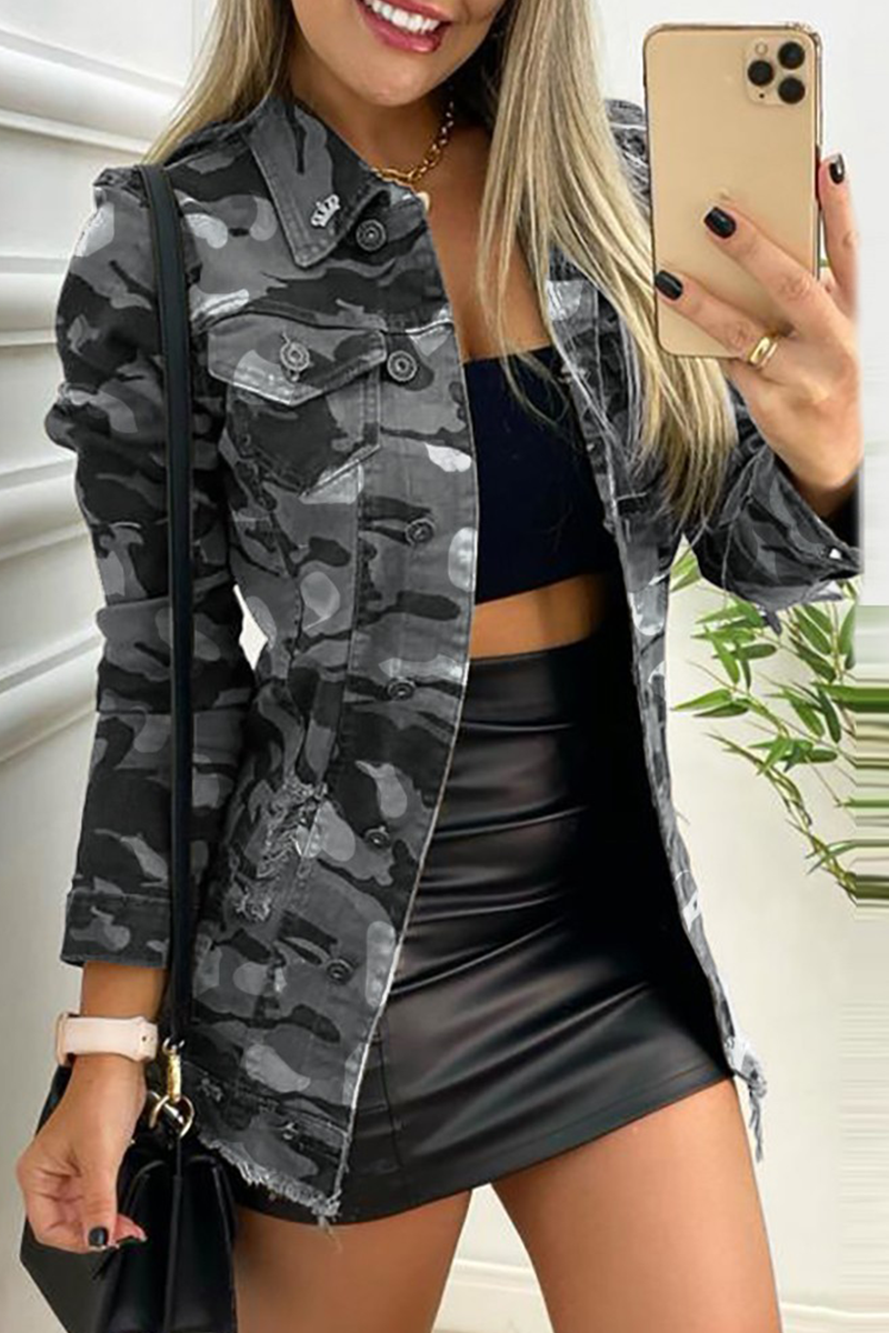 Stilla | Mode Denim-jakke med camouflage-mønster, patchwork, nedfoldet krave, lange ærmer, regular