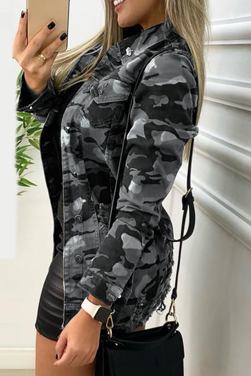 Stilla | Mode Denim-jakke med camouflage-mønster, patchwork, nedfoldet krave, lange ærmer, regular