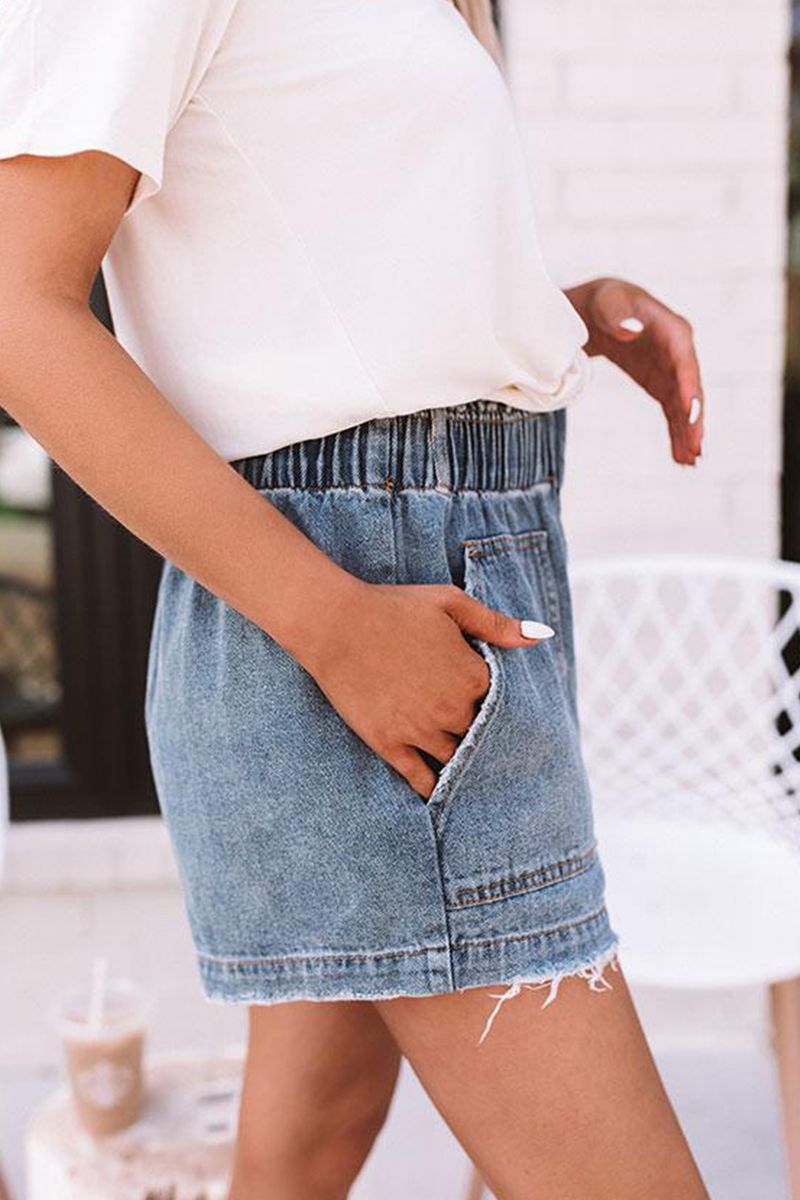 Stilla | Afslappet Solid Patchwork Middel Talje Lige Denim Shorts
